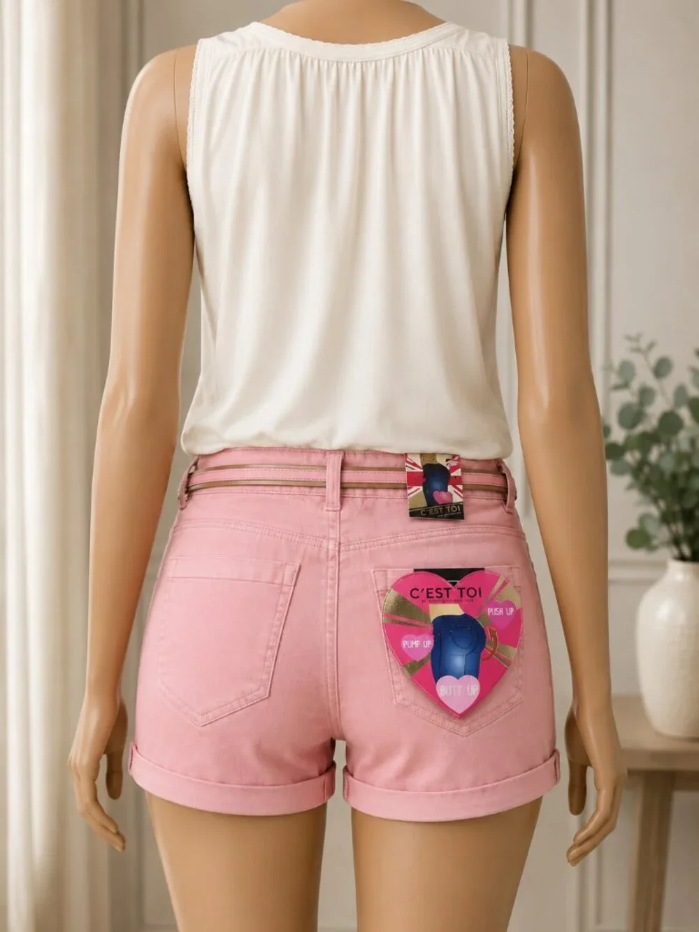 C’EST TOI Flatter Yourself Pink Push-Up Denim Shorts Belted Size Small NWT